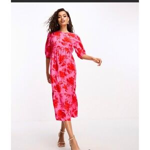 Nobody's Child Pink Floral Smock Midi Dress Sz 4 Livaeco Cottagecore Boho